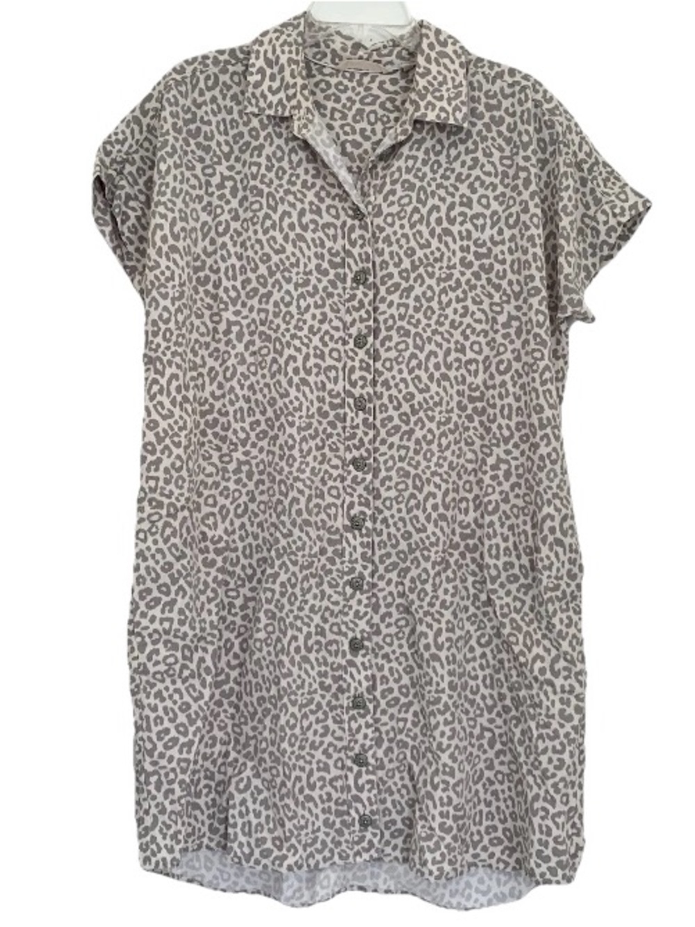 Soft Surroundings Shirt Dress Leopard Short Sleeve Sz M Midi Gray Hi-Lo Collared